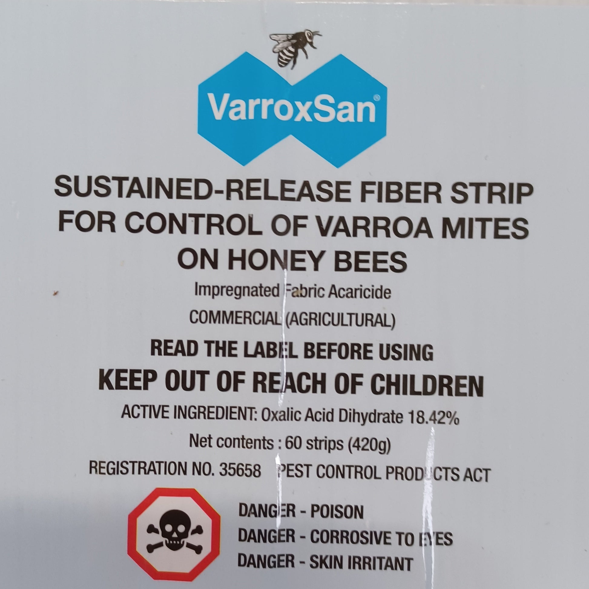 VarroxSan label for sustained-release fiber strip for varroa mites on honey bees.